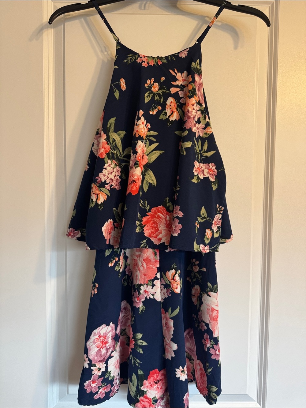 Lulu's Navy Floral Romper with Pink & Coral Blooms